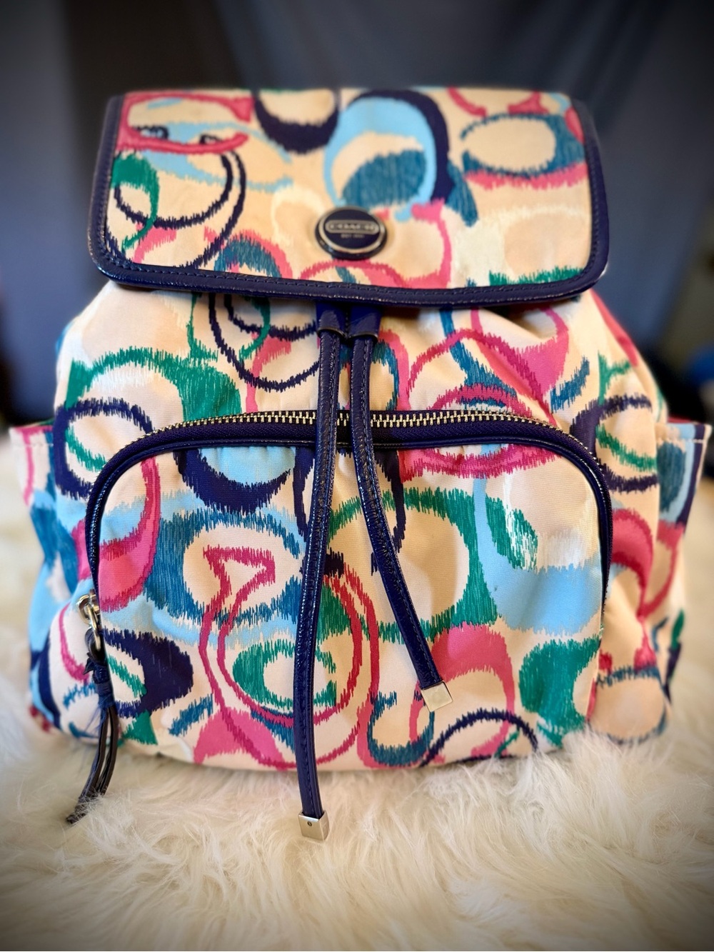 Coach Poppy Ikat signature Multicolor Canvas Drawstring Backpack with Navy Trim